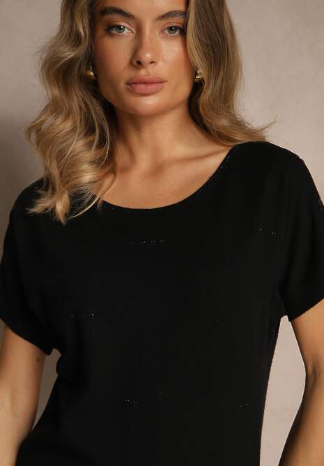 Czarna Dzianinowa Bluzka z Cyrkoniowymi Aplikacjami Fenellia