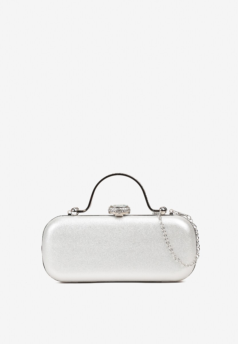 Srebrna Torebka Koktajlowa Zapinana na Zatrzask z Łańcuszkiem i Rączką Ozdobiona Cyrkoniami Carsea