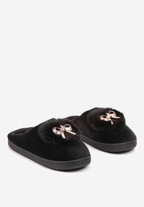 Czarne Kapcie na Płaskiej Podeszwie z Kokardą Lerilina