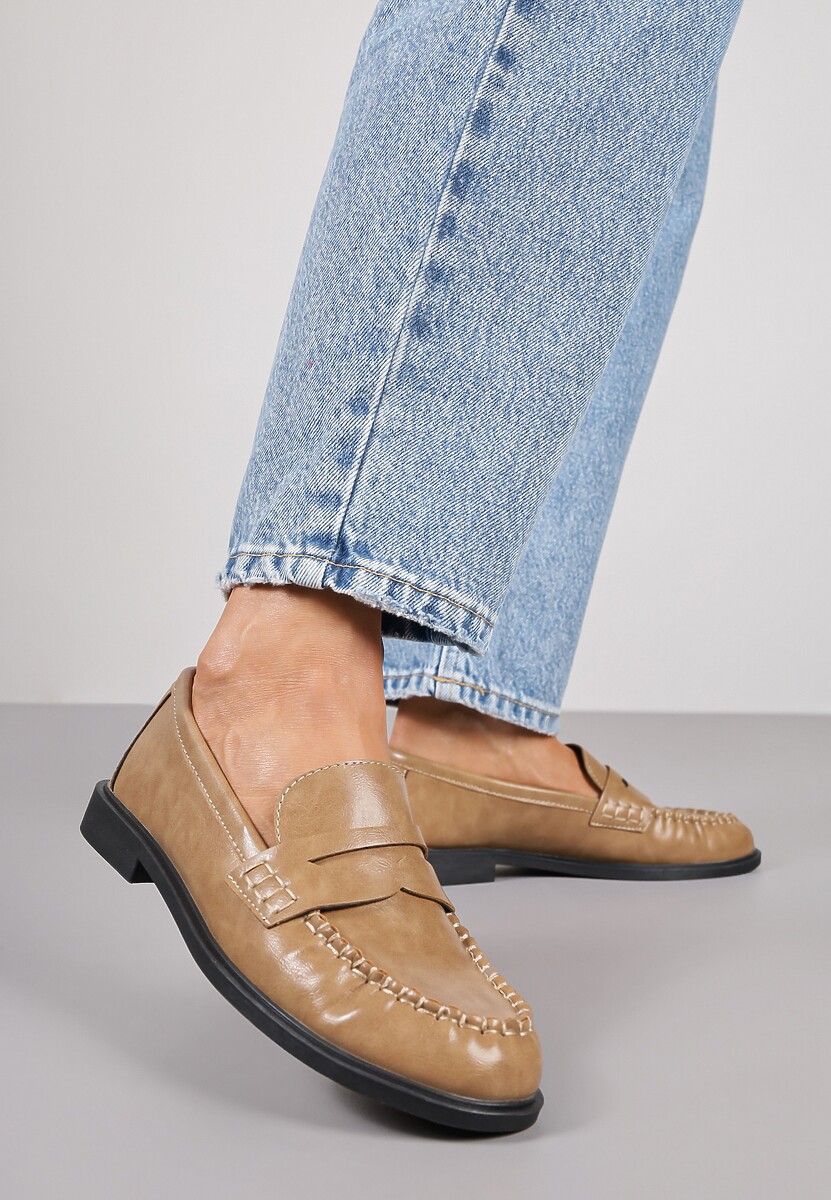 Ciemnobeżowe Mokasyny Vices z Marszczeniem i Wkładką ze Skóry Naturalnej Mestia