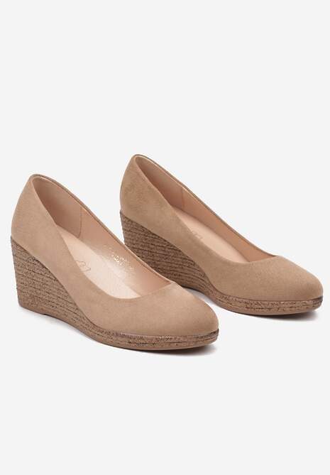 Ciemnobeżowe Czółenka Vices na Koturnie z Błyszczącej Plecionki ze Skórzaną Wkładką Utruste