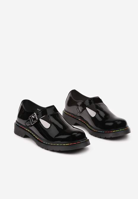 Czarne Lakierowane Półbuty ze Skóry Naturalnej Zdobione Kolorową Nitką Labinae