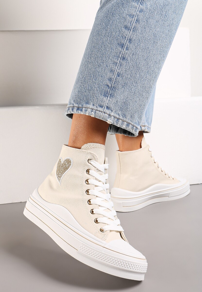 Beżowe Trampki za Kostkę na Niskiej Platformie z Brokatową Ozdobą w Kształcie Serca Annexla