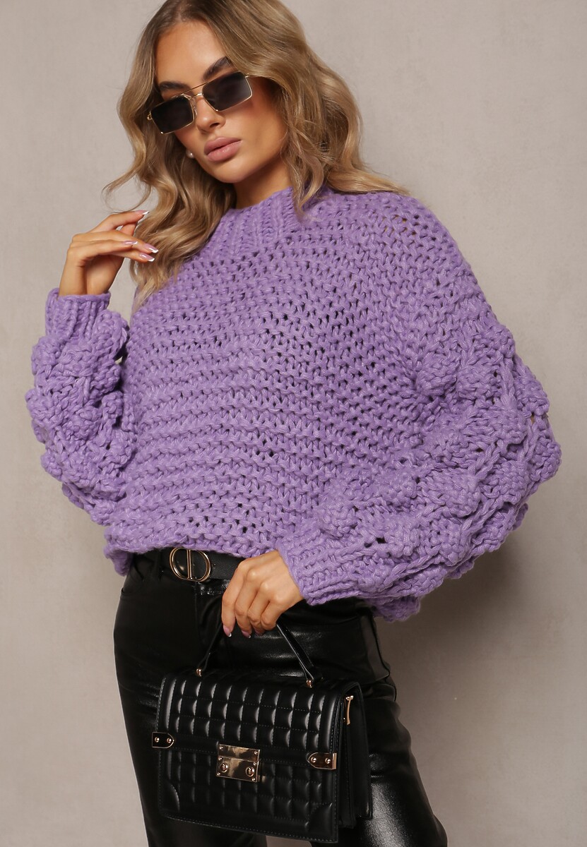 Fioletowy Klasyczny Golf z Ozdobnym Splotem na Rękawach Biska