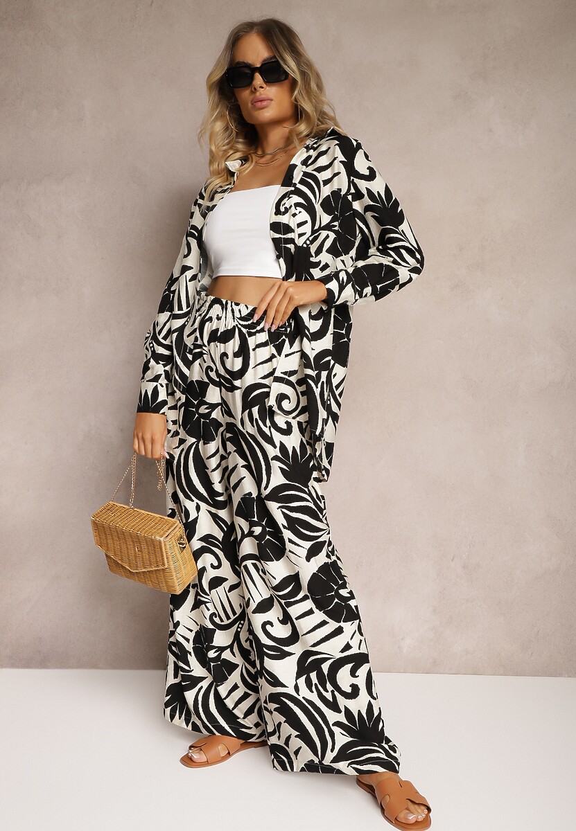 Czarno-Biały 2-Częściowy Komplet z Wiskozy Koszula z Długim Rękawem i Szerokie Spodnie Yiseria