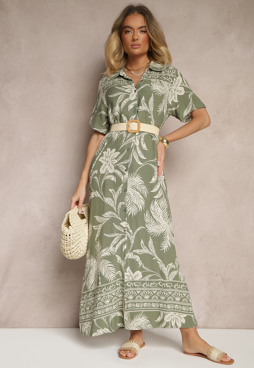 Granatowa Sukienka o Koszulowym Fasonie w Kwiaty z Wiskozy Erathia