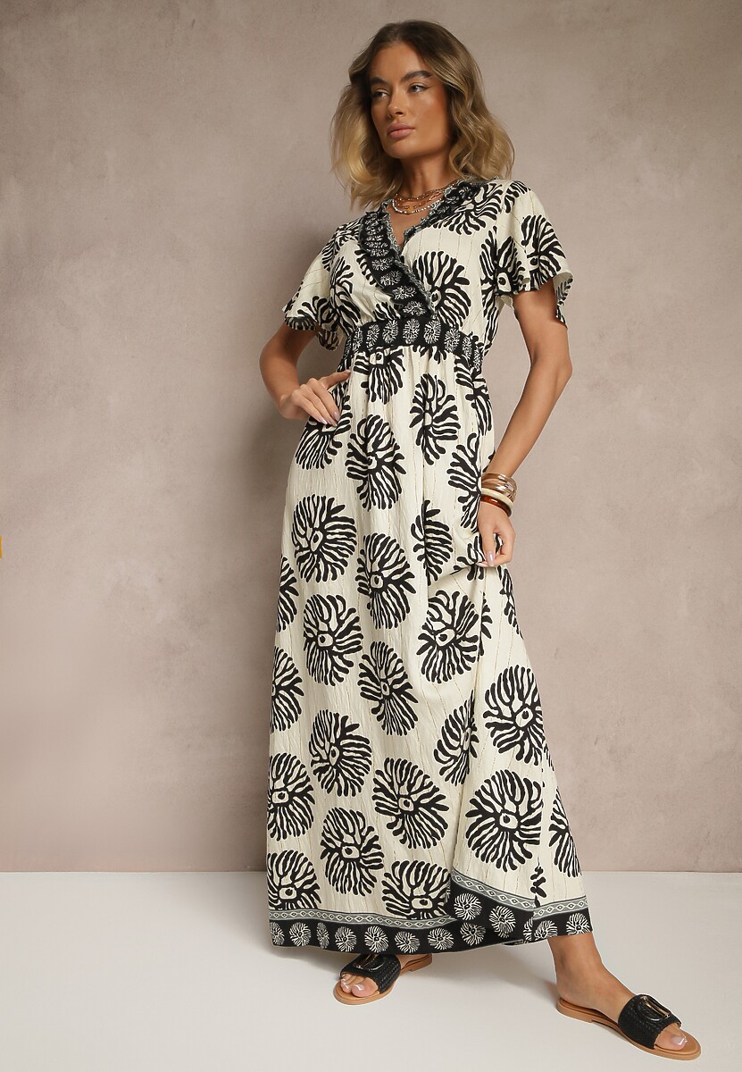 Beżowo-Czarna Sukienka w Print Boho z Wiskozy Rozkloszowana z Dekoltem V Palarina