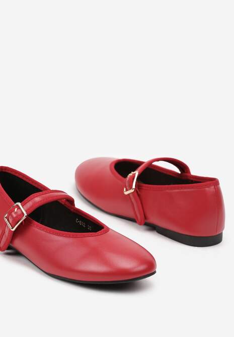 Czerwone Balerinki na Płaskiej Podeszwie Mary Jane ze Sprzączką Mevali