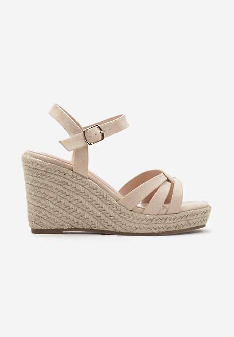 Beżowe Casualowe Sandały na Koturnie w Stylu Boho z Plecionką Grendia