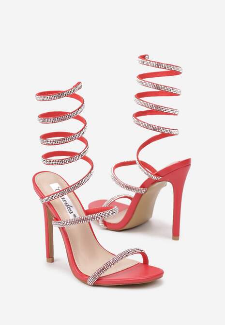 Czerwone Sandały na Obcasie Ozdobione Cyrkoniową Sprężyną na Łydkę Nelesi
