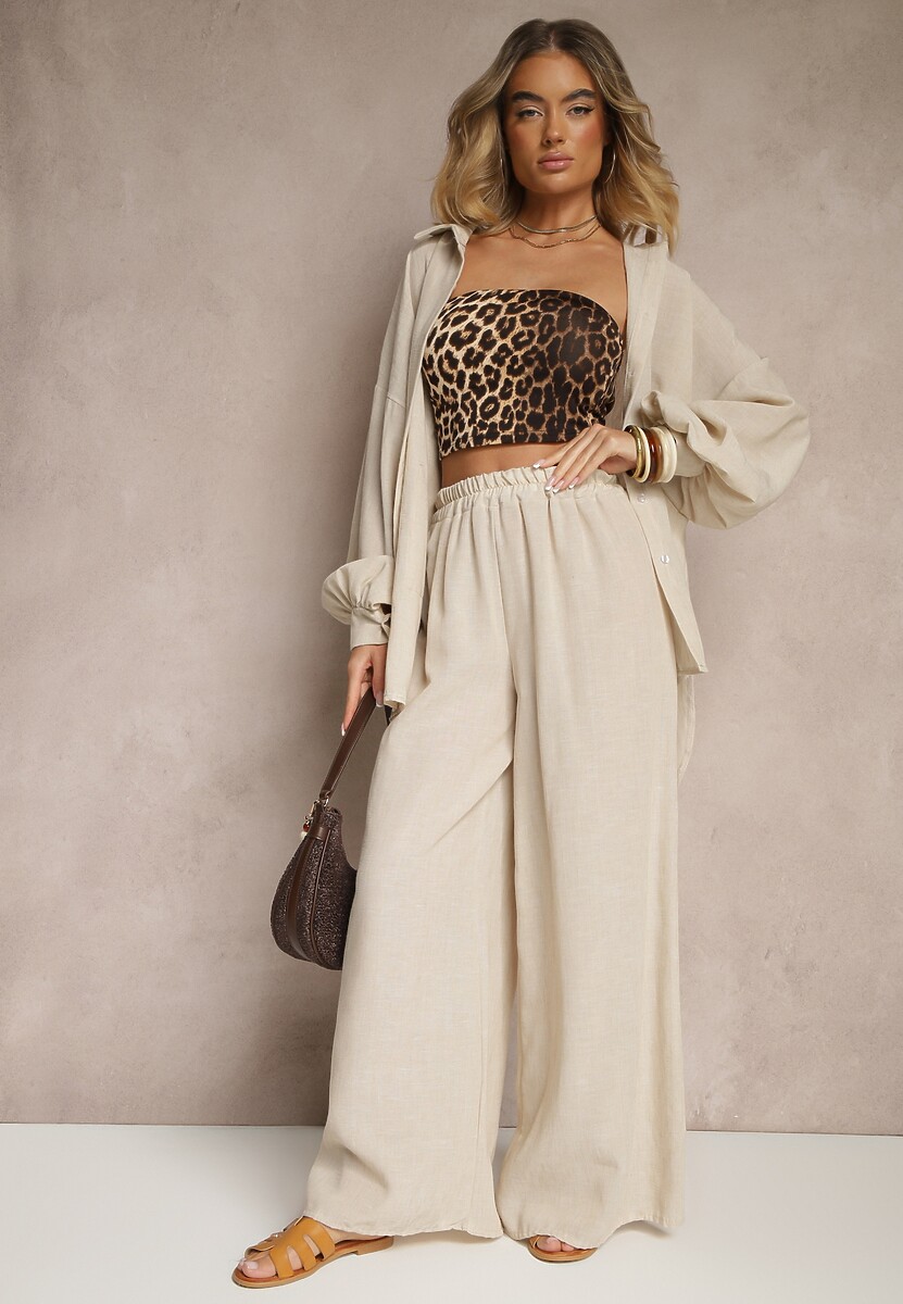 Beżowy Komplet Koszula z Bufiastymi Rękawami i Spodnie o Szerokim Kroju Stelima