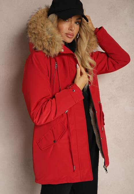 Bordowa Kurtka Parka Mocno Ocieplana z Futerkiem przy Kapturze z Możliwością Odpięcia Sialthira
