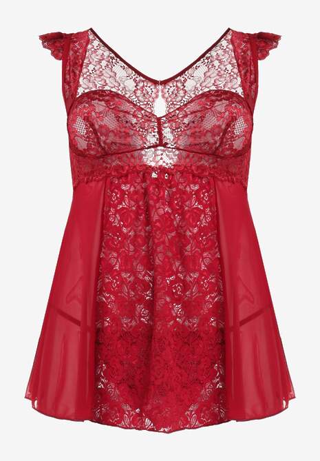 Bordowa Koronkowa Koszula Nocna Mini z Siateczki ze Stringami w Komplecie Tuala