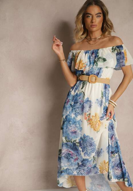 Niebieska Sukienka Hiszpanka z Kwiatowym Wzorem i Plecionym Paskiem Sadeene