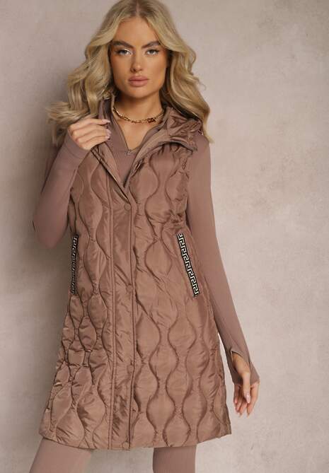 Brązowa Długa Kamizelka Pikowana z Kapturem Nallona