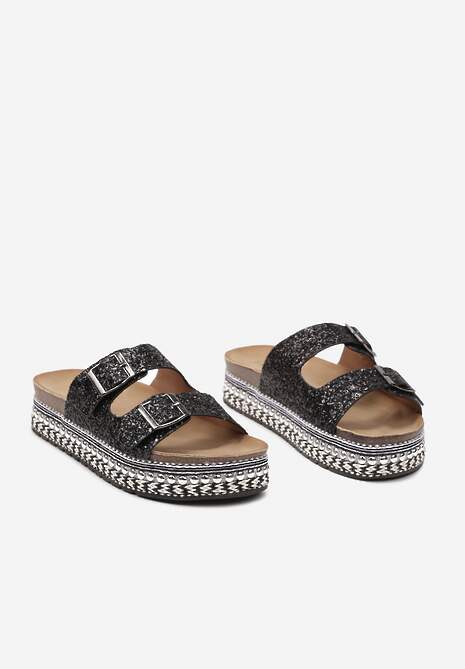 Czarne Brokatowe Klapki na Niskiej Platformie z Nitami i Metaliczną Nitką Effian