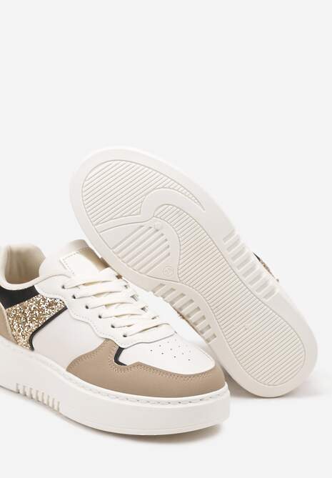 Ciemnobeżowe Sneakersy na Platformie Ozdobione Metalicznymi Elementami Miaraena