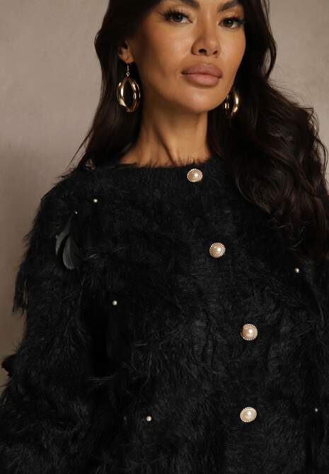 Czarny Kardigan w Eleganckim Stylu z Imitacją Piór i Perłowymi Guzikami Nessea
