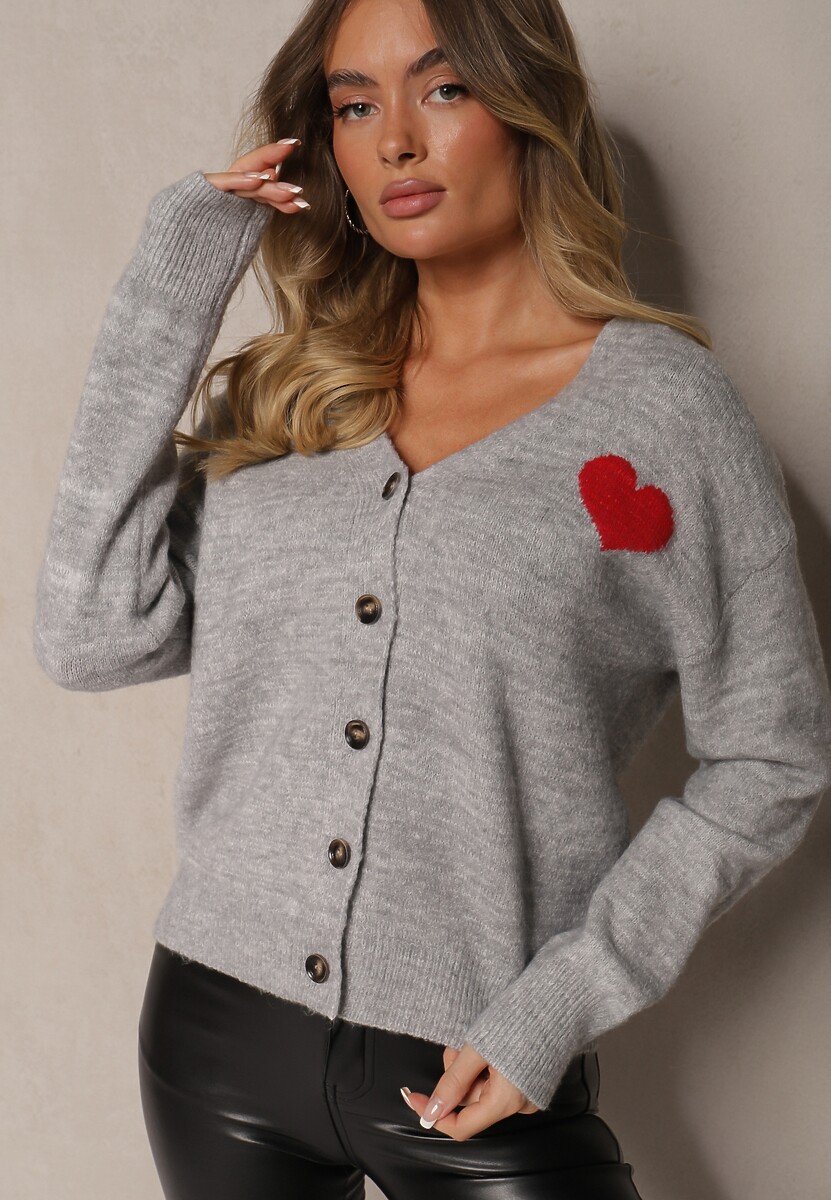 Jasnoszary Rozpinany Kardigan Ozdobiony Sercem Miathia