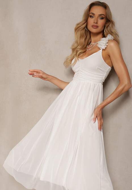 Biała Rozkloszowana Sukienka na Ramiączkach z Gumką w Pasie z Falbankami Zafara