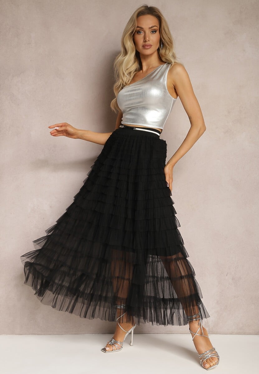 Ciemnobeżowa Bawełniana Spódnica Ozdobiona Falbankami Maxi Creama