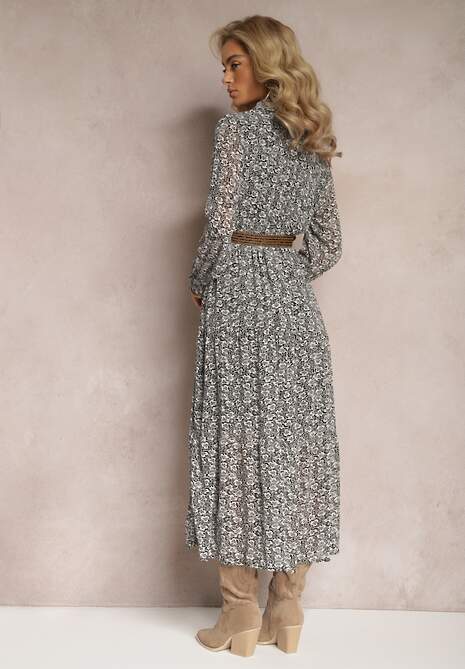 Biało-Czarna Sukienka Rozkloszowana w Kwiaty z Paskiem Rakhila