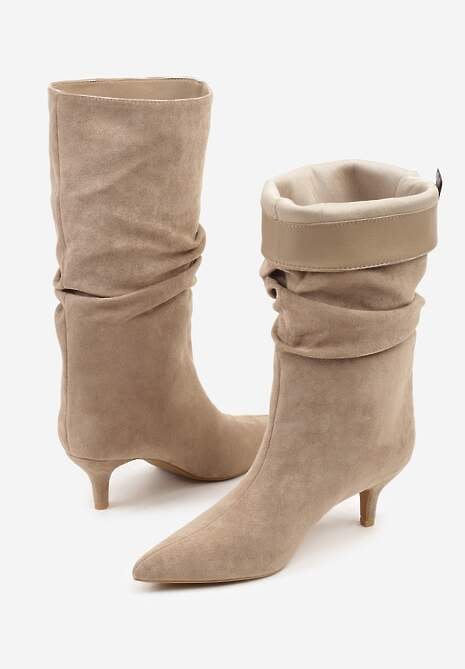 Ciemnobeżowe Botki na Kaczuszce z Marszczoną Cholewką Nalorena