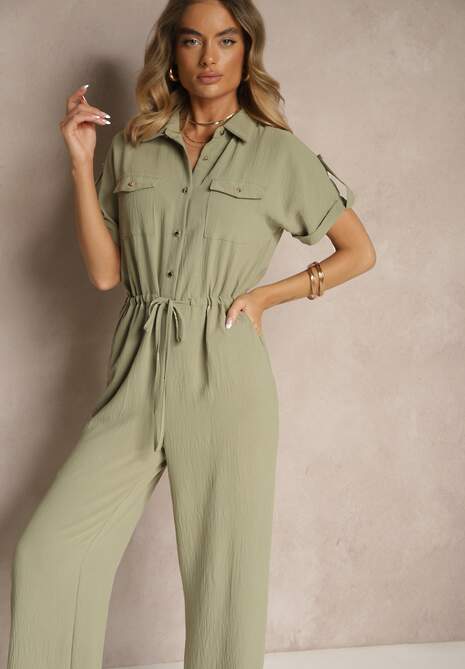 Ciemnozielony Koszulowy Kombinezon z Krótkim Rękawem Wiązany w Pasie Maraisla