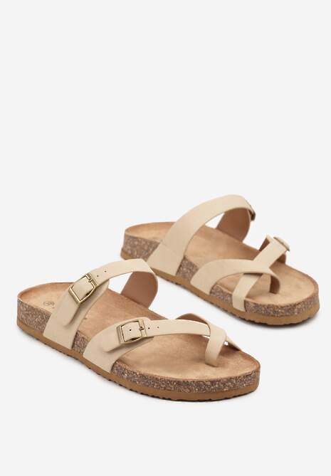 Beżowe Klapki Japonki ze Sprzączkami na Podeszwie z Imitacji Korka Idanavia