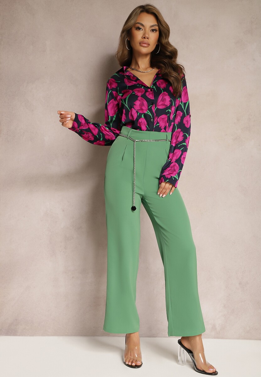 Jasnobeżowe Eleganckie Spodnie z Rozszerzanymi Nogawkami Wykończone Ozdobnym Łańcuszkiem w Pasie Hamophona