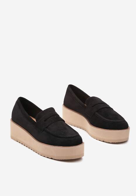 Czarne Półbuty w Stylu Mokasynów z Imitacji Zamszu na Platformie Vhisper