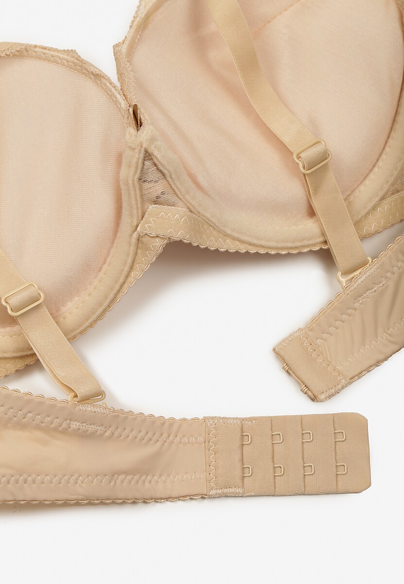 Beżowy Biustonosz Push Up z Koronkowym Zdobieniem Ravgis