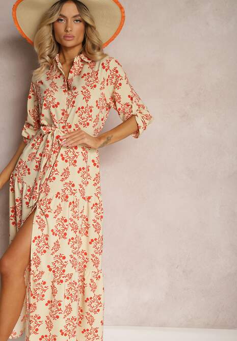 Jasnobeżowa Sukienka Zapinana na Guziki z Materiałowym Paskiem i Podpinanymi Rękawami Biavenna