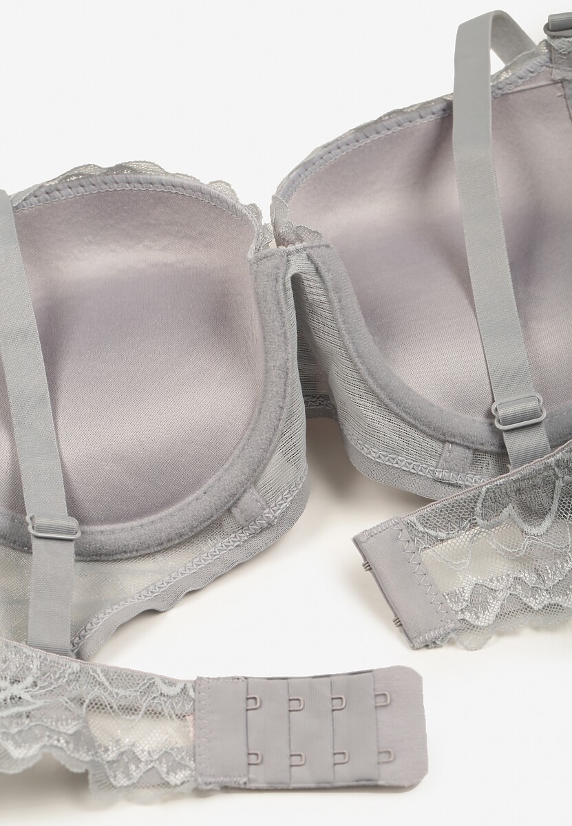 Szary Biustonosz Push Up z Ozdobną Koronką Neamitra