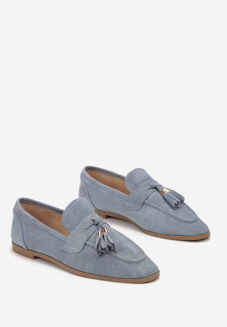 Jasnoniebieskie Mokasyny z Ekozamszu Ozdobione Frędzlami z Kwadratowym Noskiem Ileriva