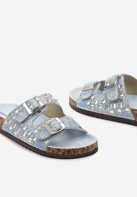 Niebieskie Płaskie Klapki z Imitacji Skóry z Klamrami Ozdobione Cyrkoniami i Kamykami Allenda