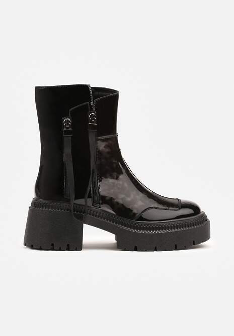 Czarne Botki Lakierowane Vices Ozdobione Tasiemką Rotine