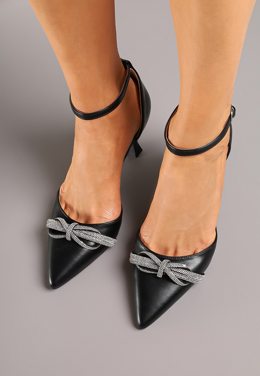 Czarne Czółenka na Szpilce Vices z Cyrkoniową Kokardą Atennia