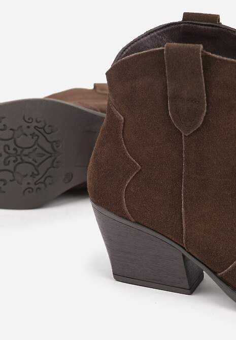 Brązowe Botki Kowbojki na Stożku ze Skóry Naturalnej Liravetta