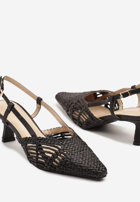 Czarne Plecione Sandały na Obcasie Kaczuszka Slingback Felorna