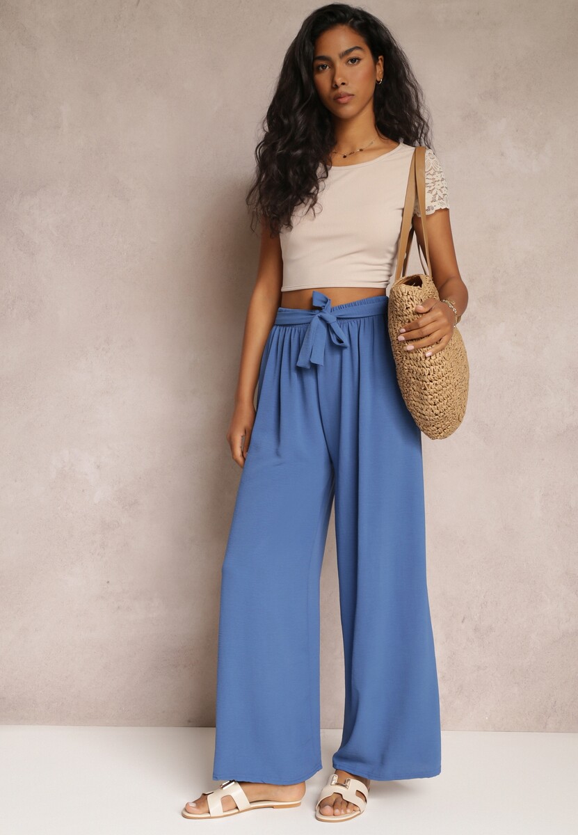 Granatowe Spodnie z Szerokimi Nogawkami i Doszytym Paskiem w Talii Atita