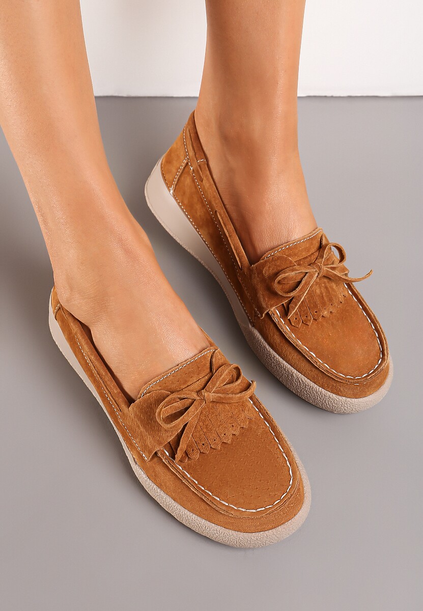 Brązowe Klasyczne Mokasyny ze Skóry Naturalnej z Kokardką Pristis