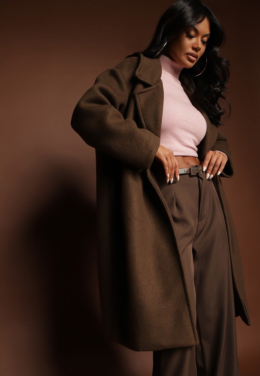 Granatowy Dwurzędowy Płaszcz Oversize z Wełną Spolete