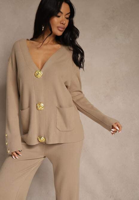 Beżowy Komplet z Dzianiny z Wiskozą Kardigan i Spodnie z Gumką Badrine