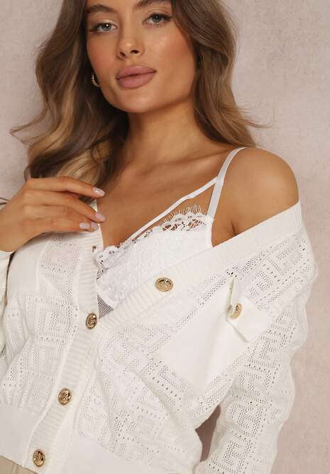 Biały Kardigan na Guziki w Geometryczny Wzór Zilfe