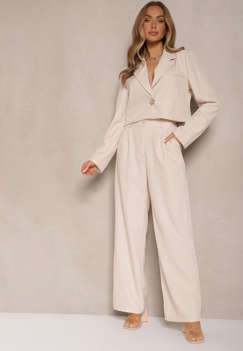 Różowy Komplet o Garniturowym Kroju ze Spodniami i Marynarką z Broszką Ravkio