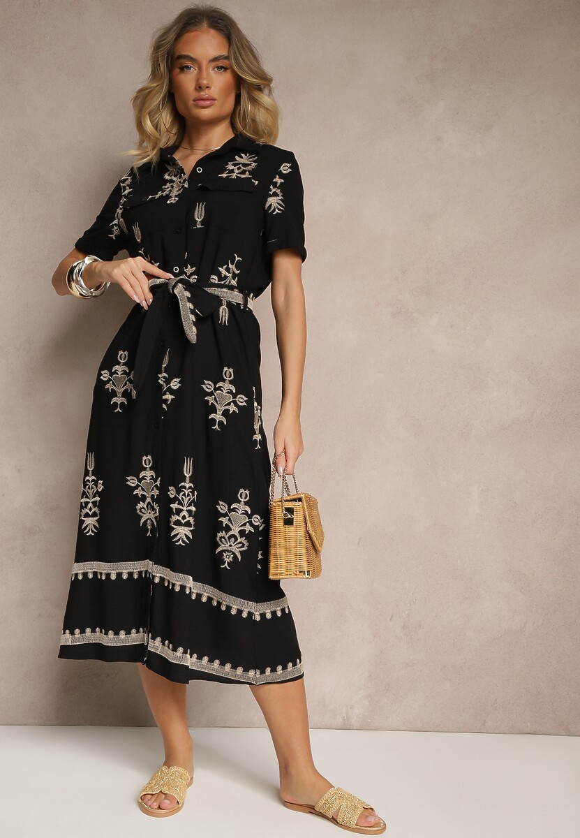 Czarna Koszulowa Sukienka z Wiskozy Ozdobiona Paskiem i Haftem Divirea