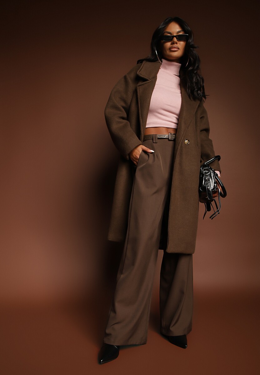 Brązowy Dwurzędowy Płaszcz Oversize z Wełną Spolete