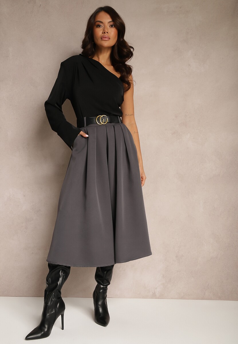 Brązowa Spódnica Rozkloszowana z Paskiem Tenga