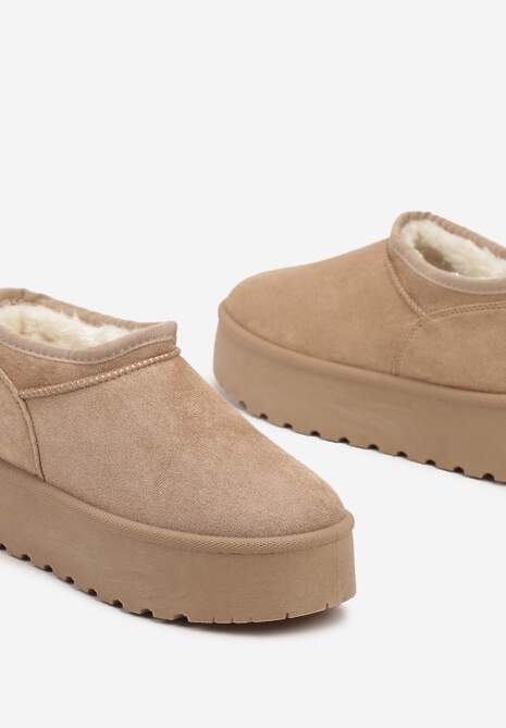 Ciemnobeżowe Śniegowce z Krótką Cholewką na Grubej Podeszwie Werilie